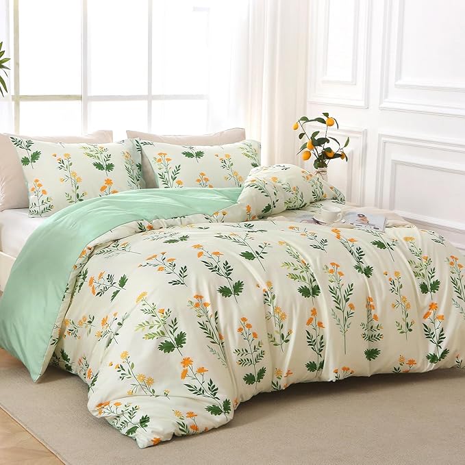 MUXHOMO Duvet Cover Queen Size, Reversible Floral Vintage Duvet Cover Set with Zipper Closure, 3 Pieces Botanical Patterns Soft Microfiber Bedding Set (90"x90", 2 Pillow Cases)