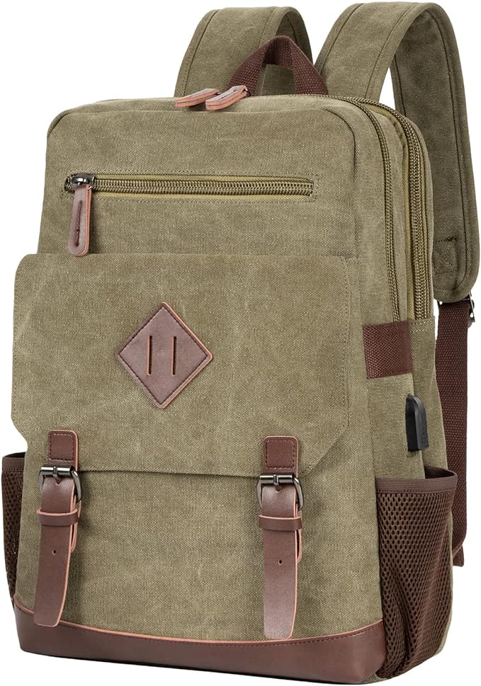 Modoker Vintage Backpack for Men Women, Canvas Bookpack Fits Most 15.6 Inches Computer and Tablets, Rucksack Backpack with USB Charging Port, Army Green