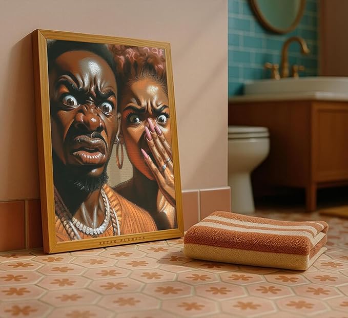 Funny African American Bathroom Canvas Wall Art Humor Afrocentric Black Couple Unpleasant Smell Cover Nose Painting Picture Wall Decor Print Artwork for Washroom Toilet Home Decoration Unframed