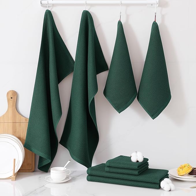 Homaxy 100% Cotton Kitchen Towels and Dishcloths Set, 12 x 12 Inches and 13 x 28 Inches, Set of 10 Bulk Kitchen Towels Set, Ultra Soft Absorbent Dish Cloths for Washing Dishes, Blackish Green