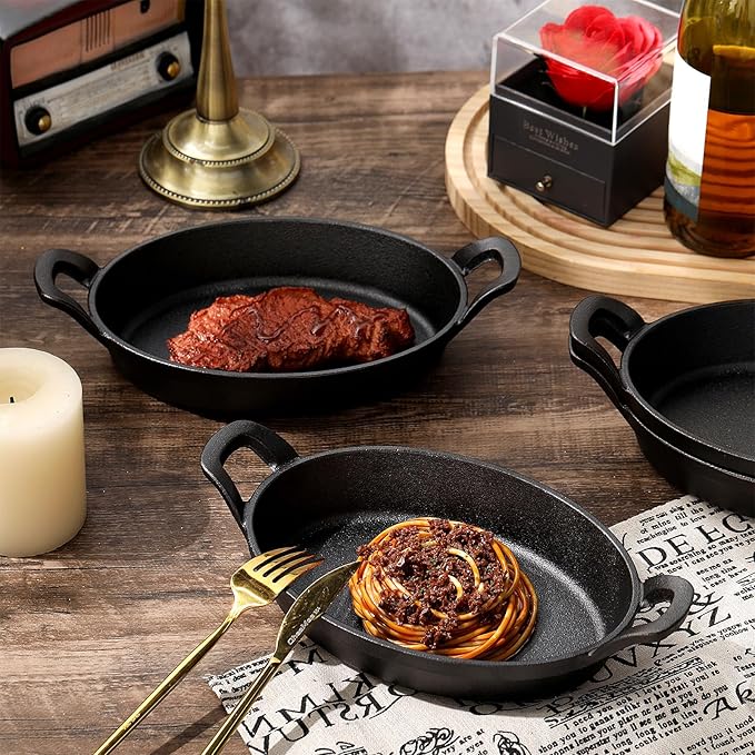 Mifoci 4 Pcs Oval Serving Dish Mini Cast Iron Skillet Cast Iron Baking Pan Sizzling Plate Matte Black Gratin Cookware for Home Restaurant Kitchen Food Service Barbecue (10.8" X 6.1")