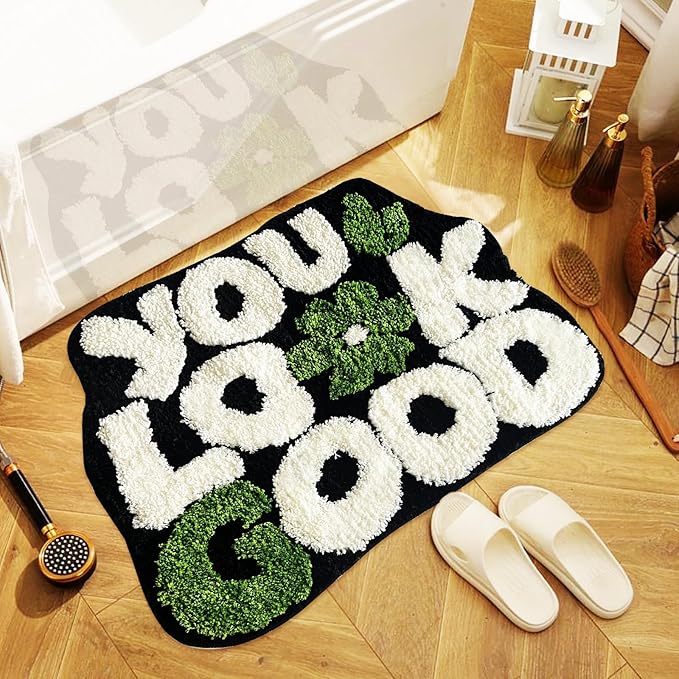You Look Good Bath Rug, Fun Bathroom Rug,Black Bathroom Rugs Cool Rugs for Bedroom Non Slip Microfiber Plush Cool Mat for Bedroom Washable Absorbent for Bathtub 21"x25"