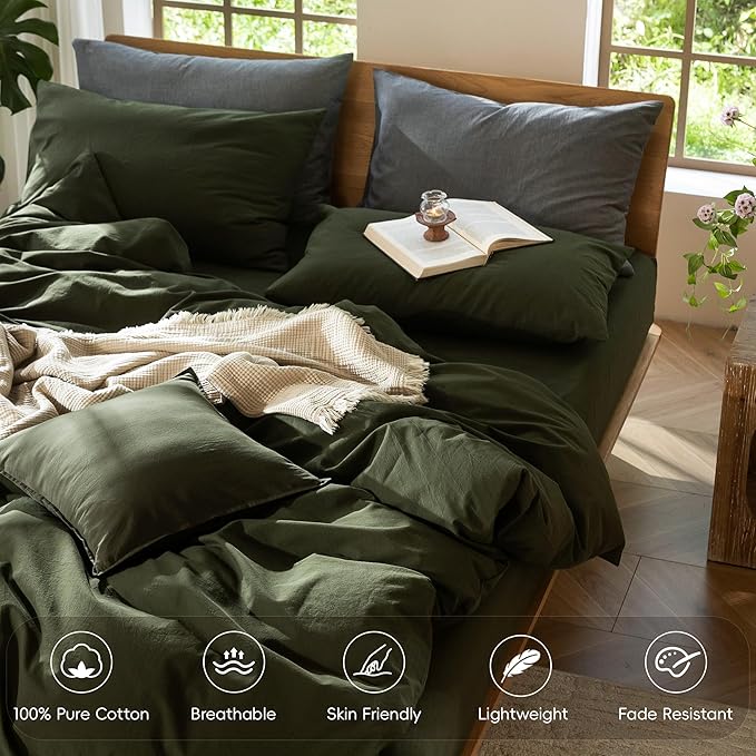 MooMee Bedding Duvet Cover Set 100% Washed Cotton Linen Like Textured Breathable Durable Soft Comfy (Solid Olive Green, Alaska King 132"x120")