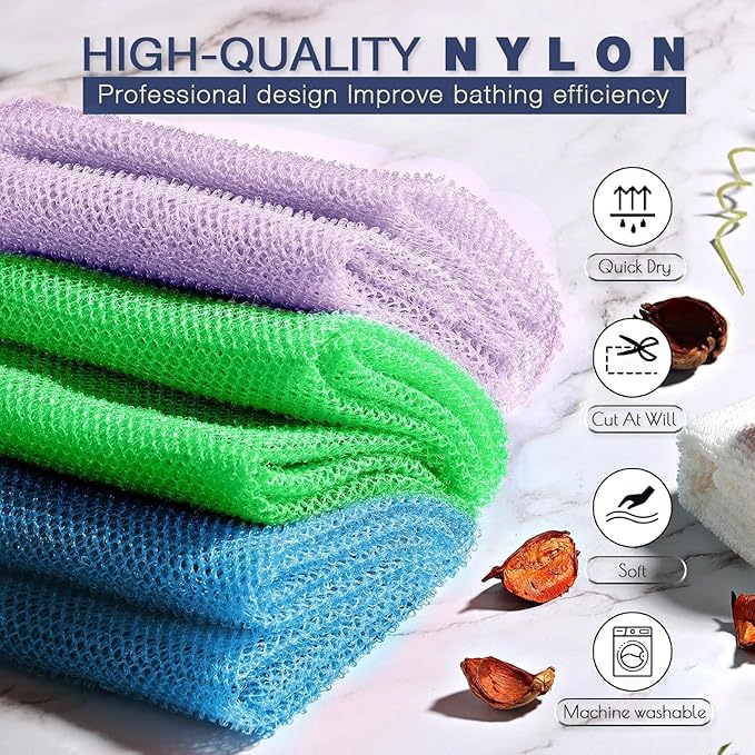 UJFQBH 3 Pieces African exfoliating net African Net Long Net Bath Sponge Exfoliating Shower Body Scrubber Back Scrubber Skin Smoother,Great for Daily Use (Purple, Blue, Green)
