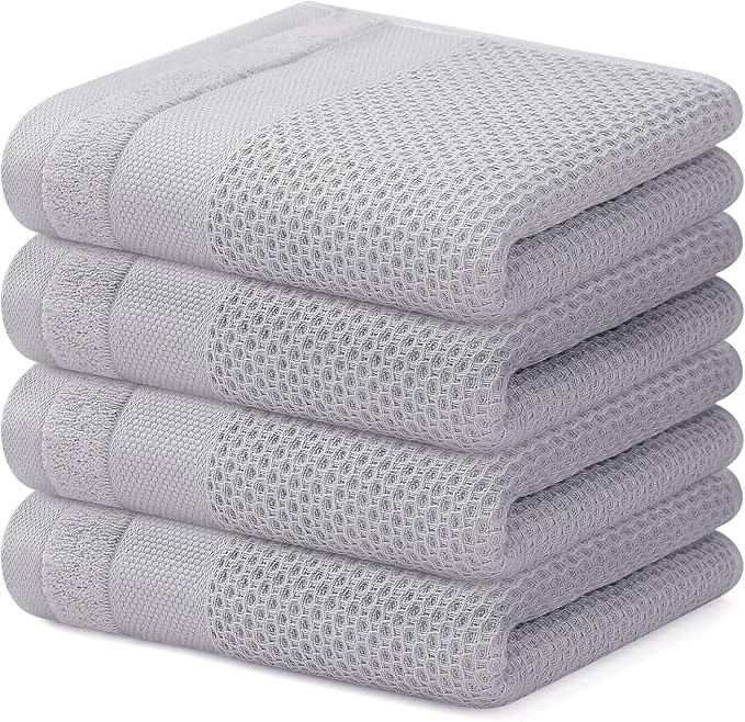 Homaxy 100% Cotton Waffle Weave Kitchen Towels, 13 x 28 Inches Super Absorbent and Machine Washable Dish Towels for Drying Dishes, 4-Packs, Light Grey