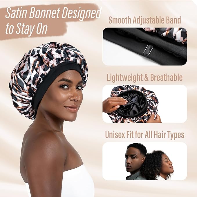 Satin Bonnet Adjustable Sleeping Silk Bonnet Black Women Men Double Layer Satin Silk Sleep Cap Hair Wrap Large Curly Hair