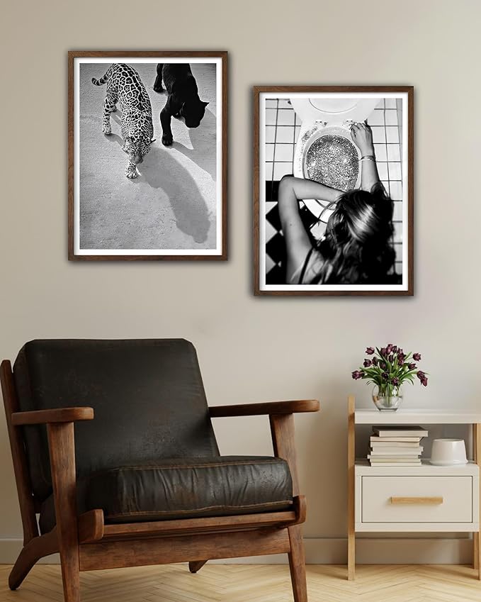 EcoHest Trendy After the Disco Party Framed Wall Art, Walnut Color 12x16 in OAK Wood Black and White Funny Bathroom Canvas Art, Teen Girl Poster College Dorm Decor, 1Pack For Bedroom Living Room