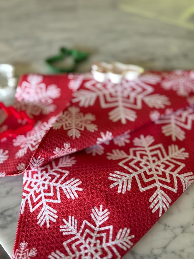 || 3 Pack|| Double Sided Dish Towels || Waffle Weave Microfiber || Highly Absorbent || Hanging Loop || Dish Cloths || Modern || Designer Prints || Lights (Christmas Lights red and Green)