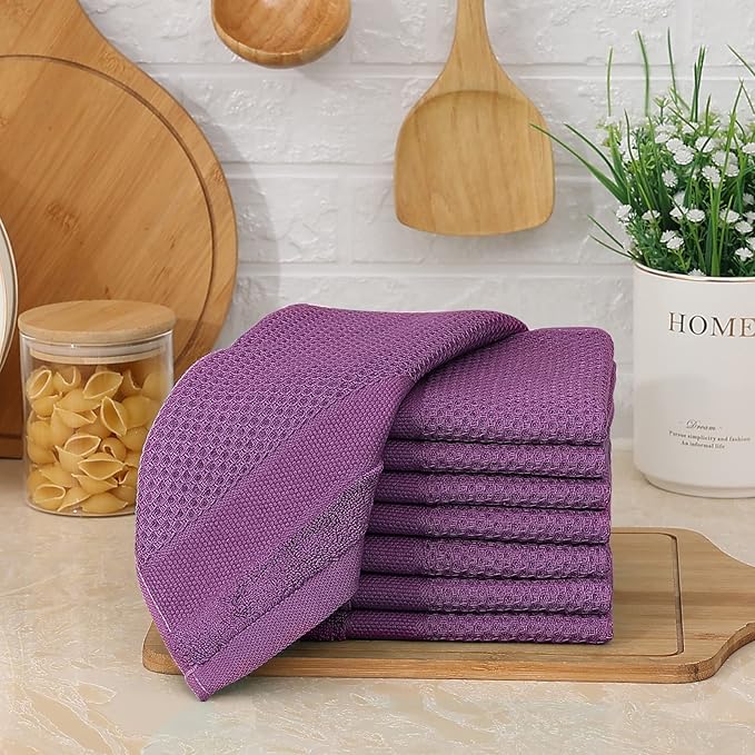 Homaxy 100% Cotton Dish Cloths, 8 Pack - 12 x 12 Inches, Waffle Weave Super Soft and Absorbent Dish Towels Quick Drying Dishcloths, Purple