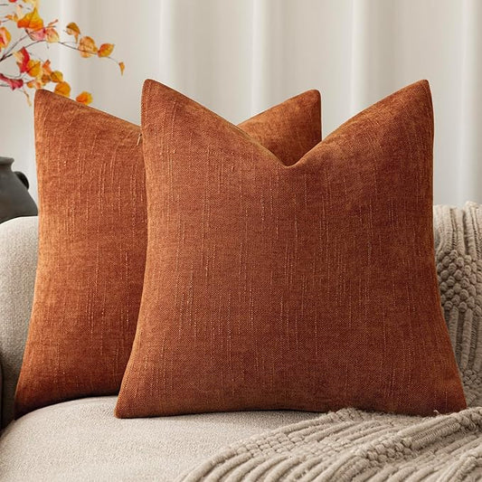 Foindtower Pack of 2 Soft Textured Chenille Throw Decorative Pillow Covers Square Accent Solid Cushion Cover Cozy Neutral Farmhouse Pillow Case for Couch Sofa Bedroom Living Room 24x24 Inch,Orange