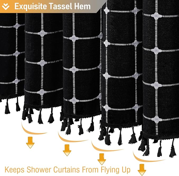 BTTN Boho Shower Stall Curtain - 36x72 Narrow Linen Ultra Thick Tassel Fabric Cloth Shower Curtain Set with 6 Plastic Hook, Small Modern Farmhouse Country Shower Curtains for Bathroom, Black and White