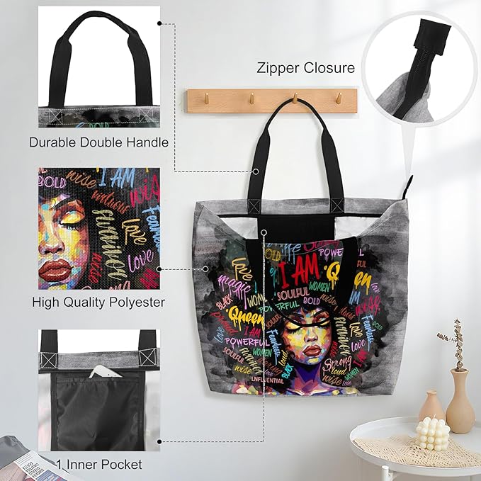 African American Women Tote Bag Black Shoulder Handbag For Women Fit Work Beach Labtops With Zip