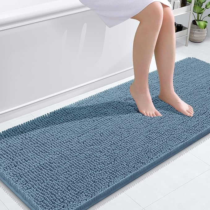 OLANLY Bathroom Rugs 59x24, Extra Soft Absorbent Chenille Bath Rugs, Rubber Backing Quick Dry, Machine Washable Bath Mats for Bathroom Floor, Tub and Shower, Home Decor Accessories, Airy Blue