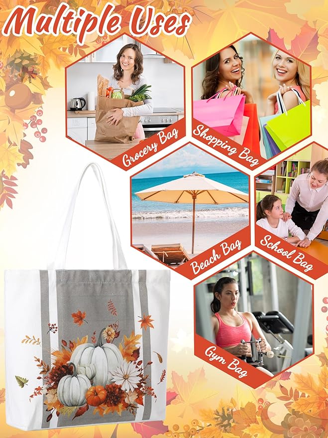 Bencailor 2 Pcs Fall Canvas Tote Bag Thanksgiving Pumpkin Maple Leaf Tote Pouch Cute Aesthetic Reusable Grocery Bag for Women