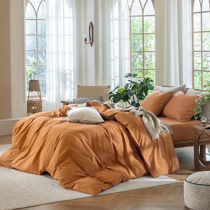 MooMee Bedding Duvet Cover Set 100% Washed Cotton Linen Like Textured Breathable Durable Soft Comfy (Solid Burnt Orange, Super Queen 90"x98")