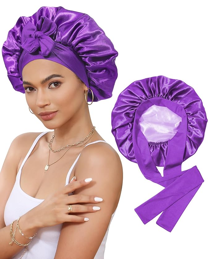 Satin Bonnet Silk Bonnet for Sleeping Silk Sleep Cap Double Layer Hair Bonnet with Elastic Tie Band for Curly Hair Night Cap (Dark Purple+Light Purple)