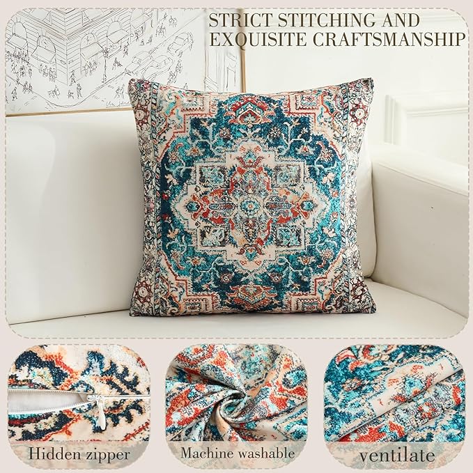 Boho Throw Pillow Covers 20x20 inch Set of 2,Boho Vintage Carpet Pattern Antique Ethnic Decor Double Sided Pattern Cushion Cover Soft Pillow Case Living Sofa Room Bed Square Pillow Cover