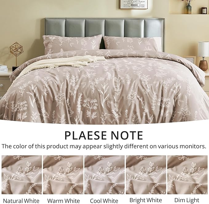 MUXHOMO Duvet Cover Full Size, Reversible Floral Taupe Duvet Cover Set with Zipper Closure, 3 Pieces Botanical Patterns Soft Microfiber Bedding Set with 4 Ties (80"x90", 2 Pillow Cases)