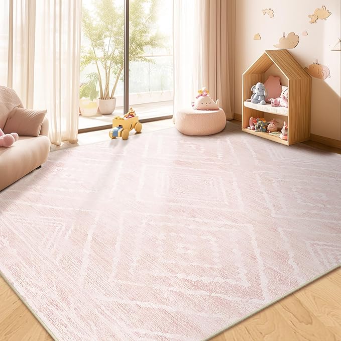 Area Rug 6x9 Rug Machine Washable Non-Slip Low Pile Print Pattern Western Rug for Living Room Bedroom Entryway Tribal Series -Light Pink/Cream
