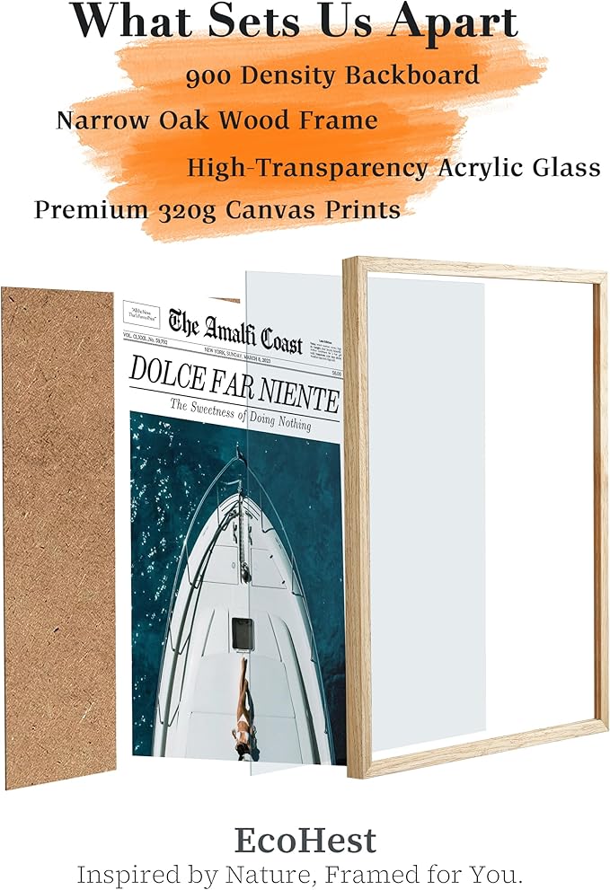 EcoHest Small Trendy Newspaper Dolce Far Niente Framed Wall Art, 8x10 in OAK Wood La Dolce Vita Canvas Wall Art, Magazine Italian Summer Headline Print Decor, Set of 1 for Bedroom Living Room
