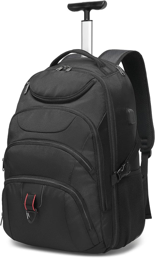 Boavan Wheeled Backpack,18.4 inch Water Resistant Rolling Backpack,Carry on Luggage Business Bag, Overnight College Computer Backpacks Trolley Suitcase for Men Women Adults to Travel，Black