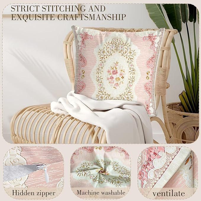 Boho Floral Throw Pillow Covers 20x20 inch Set of 2,Pink Boho Rug Geometric Floral Pattern Decor Double Sided Pattern Cushion Cover Soft Pillow Case Living Sofa Room Bed Square Pillow Cover