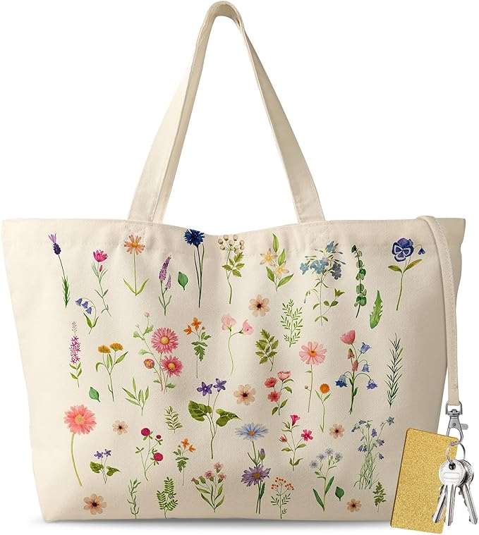 Large Tote Bag for Women - Aesthetic Cute Big Canvas Bags with Zipper Cotton Shoulder Bag for Gym, Travel, Work