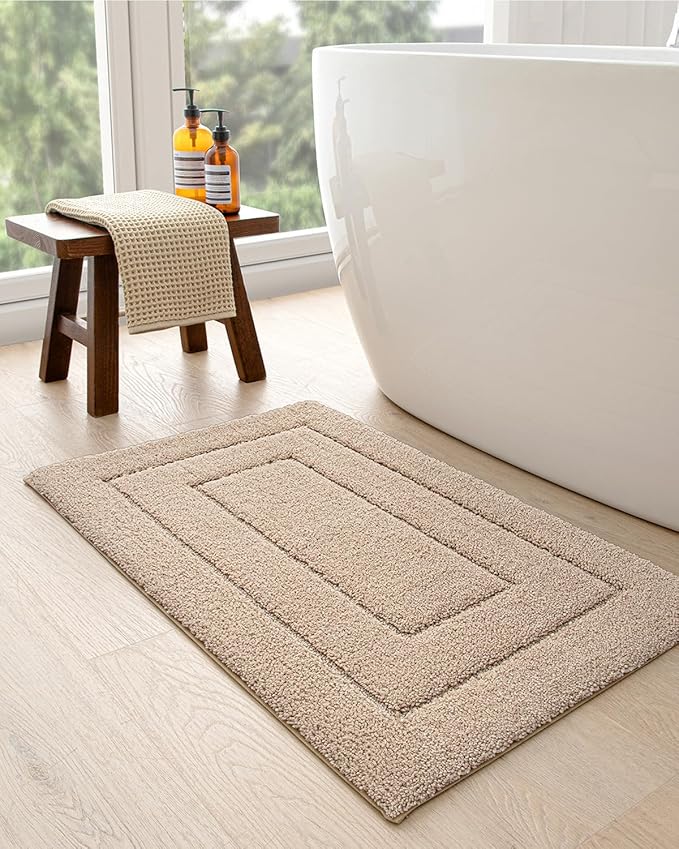 DEXI Bathroom Rug Set 2 Piece 32x20, Non Slip Washable Bath Mat for Shower Floor, Absorbent Soft Bathmat with Rubber Backing, Quick Dry Microfiber Carpet, Beige
