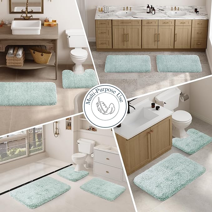 Walensee Contour Rug (20x24, Aqua) Non Slip Bath Mat, Soft Microfiber Shaggy Mat, Machine Washable, U Shape Toilet Rug