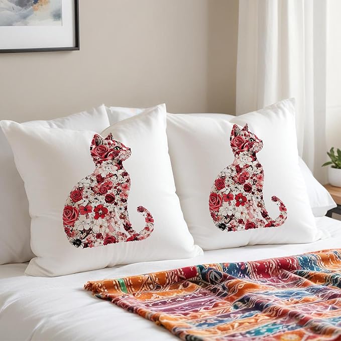 Red and White Floral Cat Pillow Covers 18x18, Gifts for Cat Lovers Mom Lady Owners, Elegant Kitten Kitty Decorative Pillow Covers for Home Bedroom Living Room Decor, Pet Lover Gifts