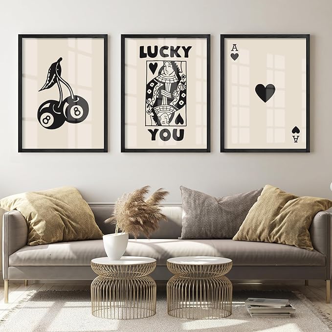 Heiple Framed Set of 3 Poker Wall Art Lucky You Poster, Trendy Retro Print Wall Decor for Queen of Hearts Wall Art Rustic Vintage Farmhouse Home Wall Decor（Black 12"x16"）