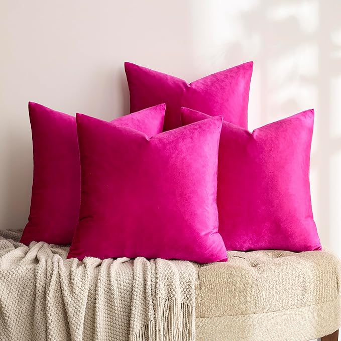 GIGIZAZA Set of 4 Hot Pink Throw Pillow Covers 18x18 Soft Velvet Pillow Covers Modren Decorative Pillows Covers Couch Sofa Living Room Pillowcase