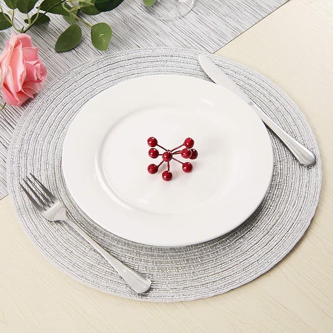 SHACOS Silver Glitter Round Placemats Set of 6 Sparkle Bling Place Mats Glitz Table Mats for Christmas Holiday Home Party Wedding Festive Table Decoration (6, Silver)