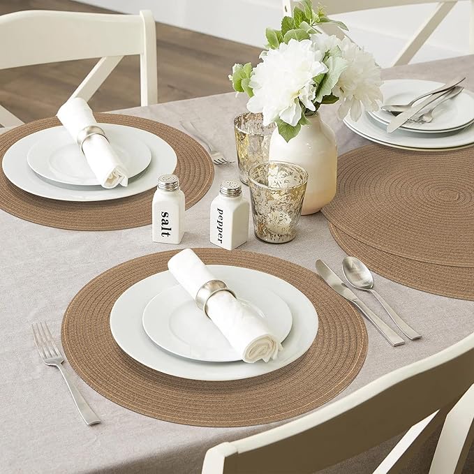 SHACOS Round Braided Placemats Set of 8 Washable 15 inch Round Table Mats Woven Place Mats for Dining Table (Brown, 8)