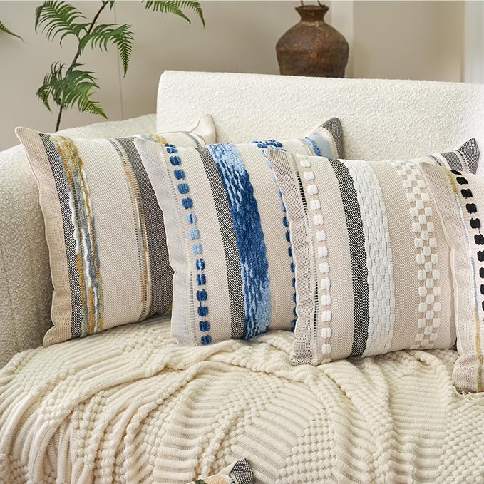 Aeckself Boho Throw Pillow Covers 18x18 Inch Set of 2, Farmhouse Decorative Striped Square Pillow Covers Chenille Tufted Pillow Cases Accent Neutral Pillowcase for Living Room Couch Bed, Yellow-Gray