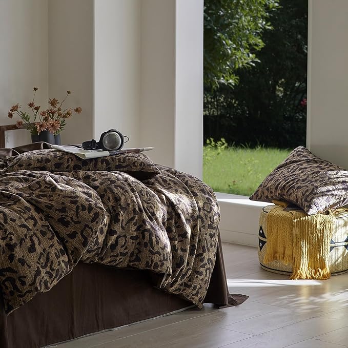 mixinni Leopard Duvet Cover Full Size Yarn-Dyed Leopard Print Jacquard Cotton Duvet Cover Set-Vintage Floral Pattern Bedding Set with Pillowcases Perfect for Him and Her-(Full Size, Brown)