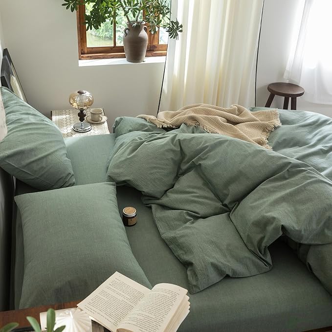 FOSSA Duvet Cover Set 100% Washed Cotton Linen Feel Super Soft Breathable Cozy Simple Style 3 Pieces Bedding Sets Solid Heathered Green Oversized King