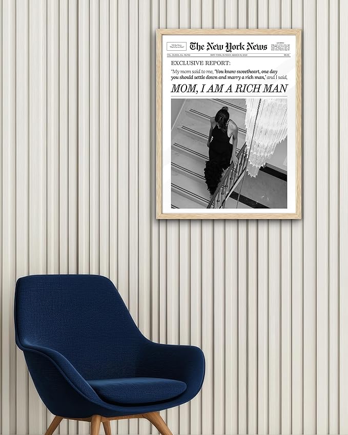 EcoHest Trendy Newspaper Framed Wall Art, Large 16x20 in OAK Wood Mom I Am a Rich Man Canvas Art, Magazine Girly Poster College Dorm Decor, Beige Logs Set of 1 for Bedroom Living Room
