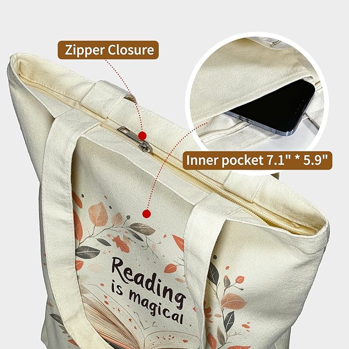 Canvas Tote Bag for Women, Aesthetic Tote Bag with Zipper Pocket for Grocery Travel Work Gift, Canvas Shopping Bag