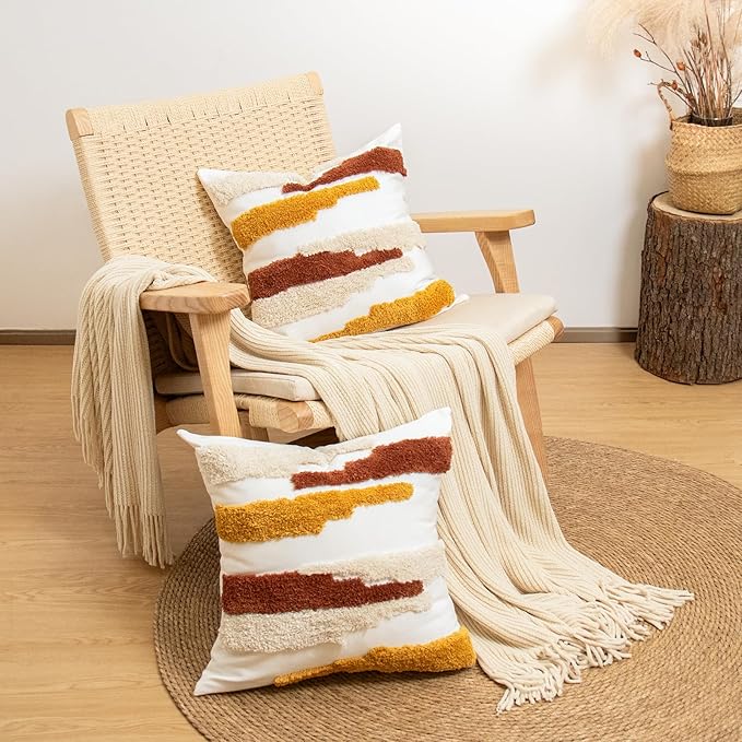 lifein 18x18 Pillow Covers Set of 2-Throw Pillow Cover,Tufted Boho Jacquard Pillow Covers,Farmhouse Decorative Pillow Cover,Pillow Cases for Gift,Couch,Sofa,Bed,Chair,Living Room,Home Decor(18x18inch)