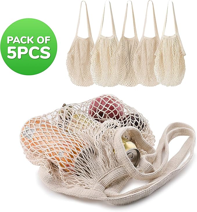 5 pack Cotton String Shopping Bags Reusable Washable Grocery Mesh Bags Organizer for Grocery Shopping Produce Net Bags with Longhandle for Fruit Vegetable Storage