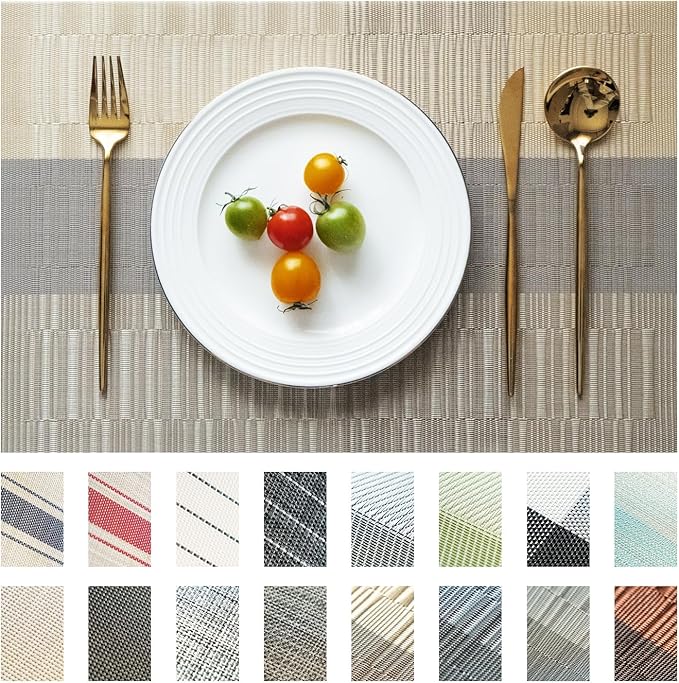 Placemats Set of 6 Vinyl/Plastic Woven Place Mats for Kitchen Table Indoor/Outdoor Washable Placemat Wipeable Dining Table Mats (Ombre Glod,6)