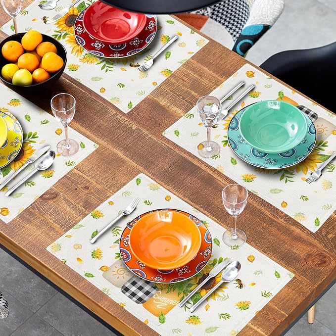Giwawa Sunflower Vases Placemats Set of 4 Summer Bee Yellow Floral Mason Jar Place Mat 12x18 Inch Stain Heat Resistant Linen Table Mats for Kitchen Dining Seasonal Party Decor