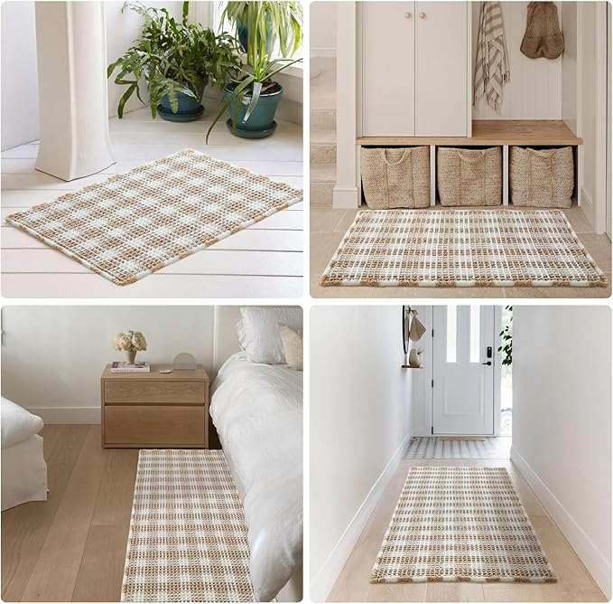Waffle Runner Rug Bathroom, Long Boho Bathroom Rugs Non Slip Washable Absorbent Checkered Bathroom Mat Quick Dry Farmhouse Bath Mat, 72"x24" Khaki and White