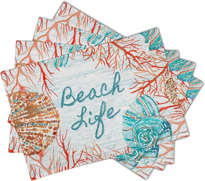Giwawa Beach Life Placemats Set of 4-12"x18" Vintage Summer Seashell Conch Place Mat- Colorful Coastal Nautical Coral Linen Washable Table Mats for Kitchen Dining Party Tabletop Decoration