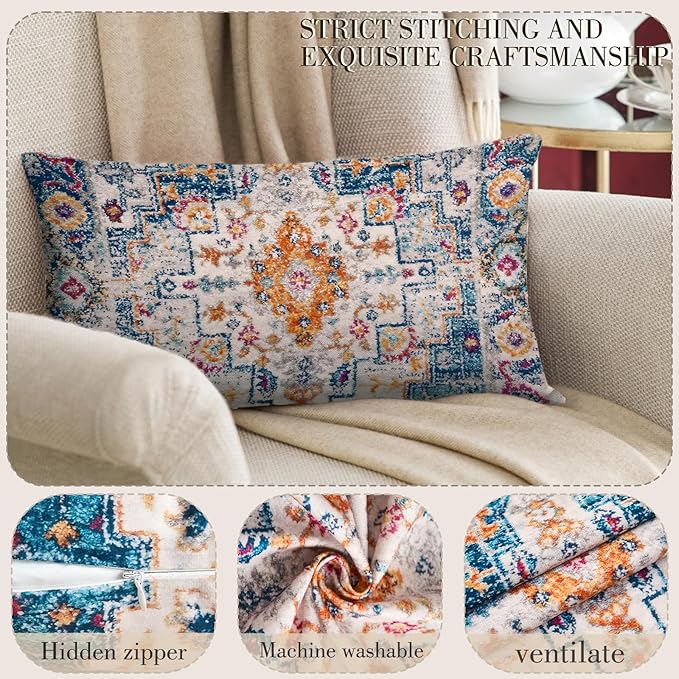 Boho Throw Pillow Covers 12x20 inch Set of 2,Boho Vintage Carpet Pattern Antique Ethnic Decor Double Sided Pattern Cushion Cover Soft Pillow Case Living Sofa Room Bed Square Pillow Cover