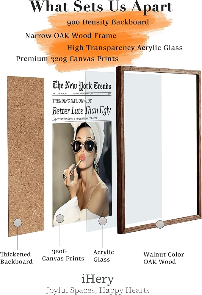iHery Natural OAK Wood Hepburn Newspaper Trendy Walnut Color Framed Wall Art, 12x16 in Better Late Than Ugly Vintage Headline Canvas Art, Retro Bathroom Decor Art, Set of 1 Girly Dorm Room Bedroom