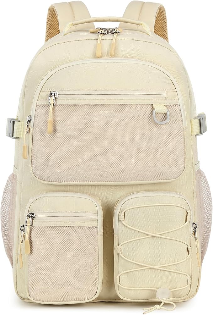 Lohol Water Resistant Backpack with Mulitiple Pockets for Travel Outdoor College, 15.6 inch Laptop Bookbag for Girl and Women (Beige)