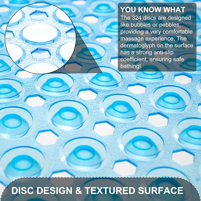 Bath Mat for Tub & Shower, Non Slip Soft Bathmat with Suction Cups & Drain Holes, Machine Washable Bathtub Floor Liner Mats for Bathroom, 35x16 Inch, Clear Blue