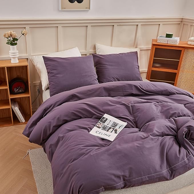 ECOCOTT Lilac Purple Duvet Cover Queen, 100% Washed Cotton 3 Piece Duvet Cover Sets 1 Duvet Cover with Zipper and 2 Pillowcases Bedding Set(Lilac Purple,Queen)